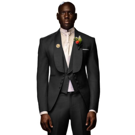 Trajes de 3 piezas para hombre, para boda, novio, esmoquin, vestido de fiesta, chaqueta larga con cuello chal (blazer, pantalón y chaleco).