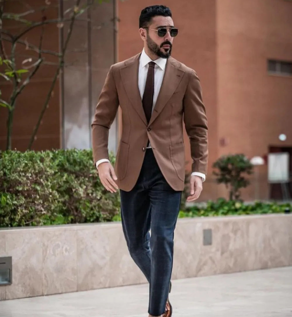 Men's Suits Brown Single-breasted Jacket Black Pant Tuxedo Trousers Suit Set for Wedding Prom Boutique Lattice Formal