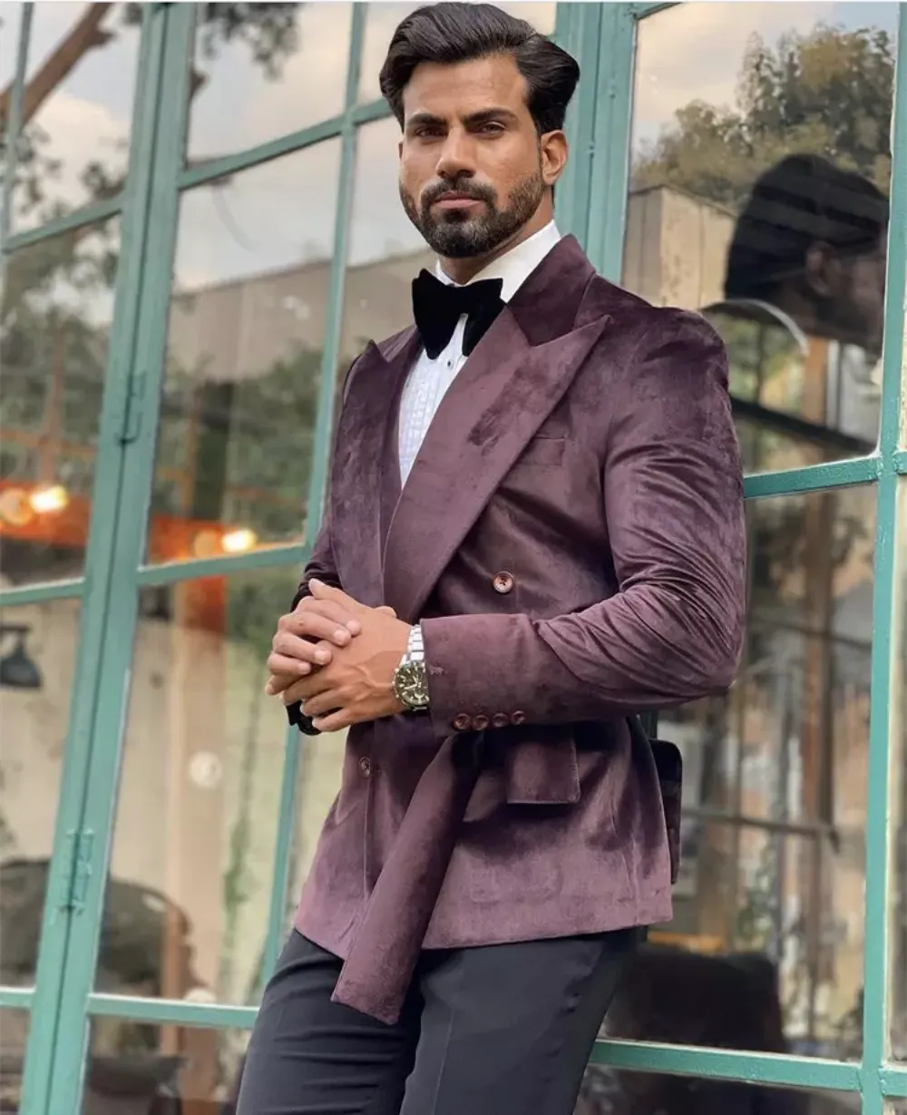 Men's Suits Single-breasted Velvet Fruit Collar 2 Pcs Tuxedo Coat+ Trousers Suit Set for Wedding Prom Design