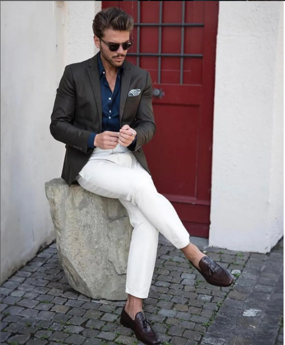 Men's Suits Slim Fit 2 Pcs Green Khaki Single Breasted Jacket White Pant Tuxedo + Trousers Suit Set for Wedding Prom Terno New