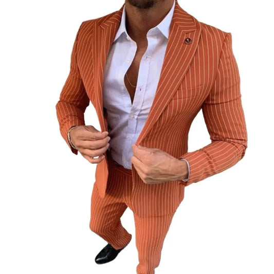 Men's Suits Slim-fit Casual Vertical Stripe Lapel Collar Blazer & Pants 2Pcs Set Men's Clothing for Business Occasions Suits Set