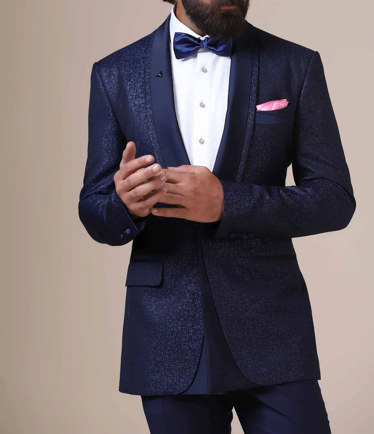 Costumes pour hommes sur mesure épissés 2 pièces bleu marine jacquard blazer pantalon un bouton satin transparent revers affaires mariage marié sur mesure