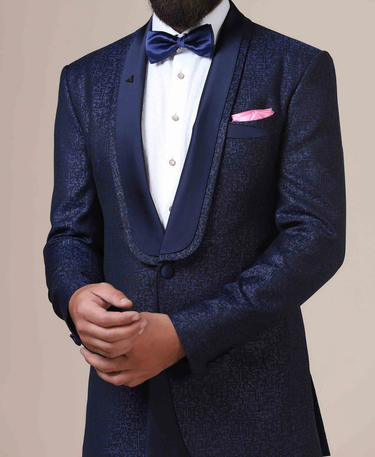 Costumes pour hommes sur mesure épissés 2 pièces bleu marine jacquard blazer pantalon un bouton satin transparent revers affaires mariage marié sur mesure