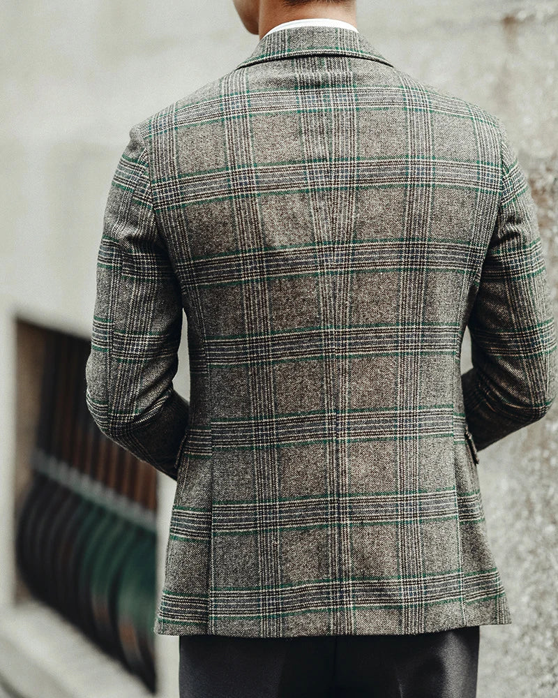 Trajes de hombre a medida, 2 piezas, blazer, pantalón gris, botonadura sencilla, solapa de pico, cuadros a rayas, para novio de boda, a medida, talla grande