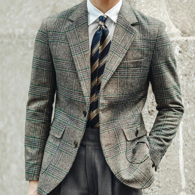 Trajes de hombre a medida, 2 piezas, blazer, pantalón gris, botonadura sencilla, solapa de pico, cuadros a rayas, para novio de boda, a medida, talla grande
