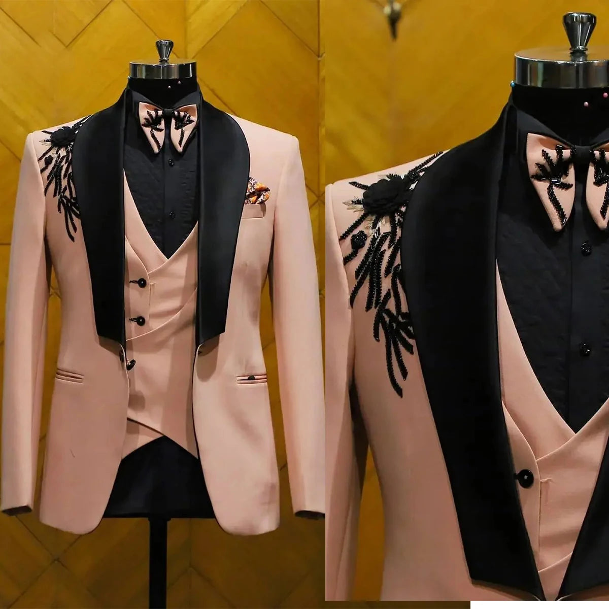 Men's Suits Tailored 3 Pieces Blazer Vest One Button Satin Wide Lapel Appliques Flowers Wedding Formal Custom Made Plus Size