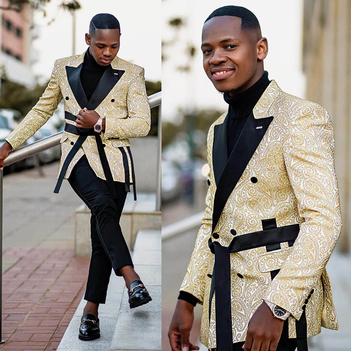 Gold Jacquard Men's Blazer and Pants Set, Double-Breasted Peaked Lapel Suit with Belt, Custom Plus Size