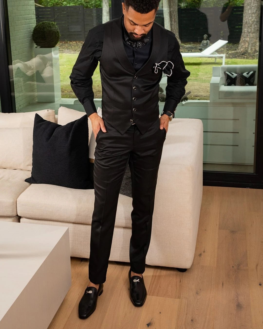 Trajes de hombre a medida, 3 piezas, blazer jacquard, chaleco, pantalón, un botón, para boda, solapa transparente, satén, LusuryFormal, hecho a medida, talla grande