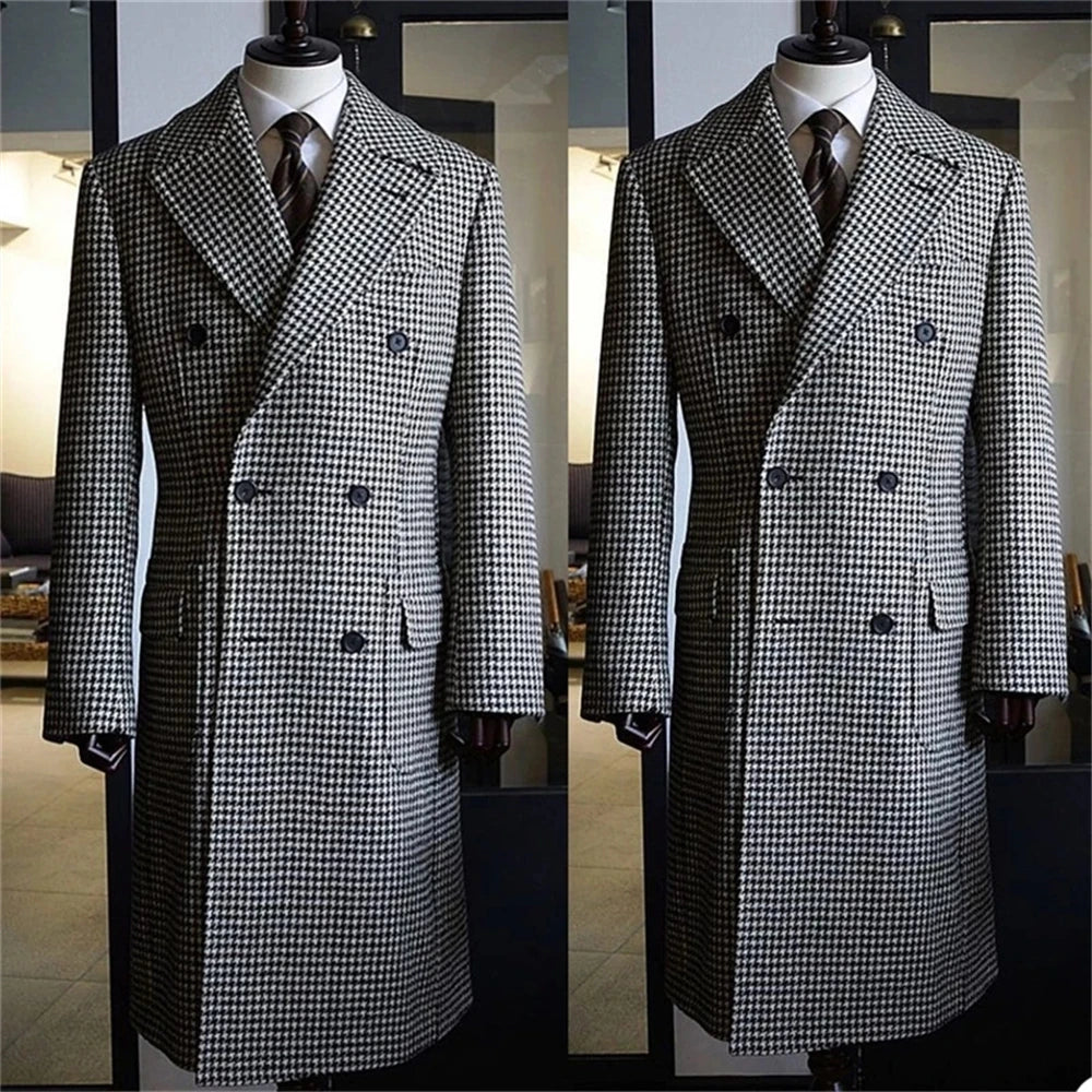 Costumes pour hommes sur mesure, manteau long, pied-de-poule, pardessus croisé, revers pointu, hiver, chaud, mariage, sur mesure, grande taille 