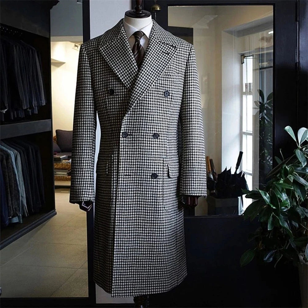 Costumes pour hommes sur mesure, manteau long, pied-de-poule, pardessus croisé, revers pointu, hiver, chaud, mariage, sur mesure, grande taille 
