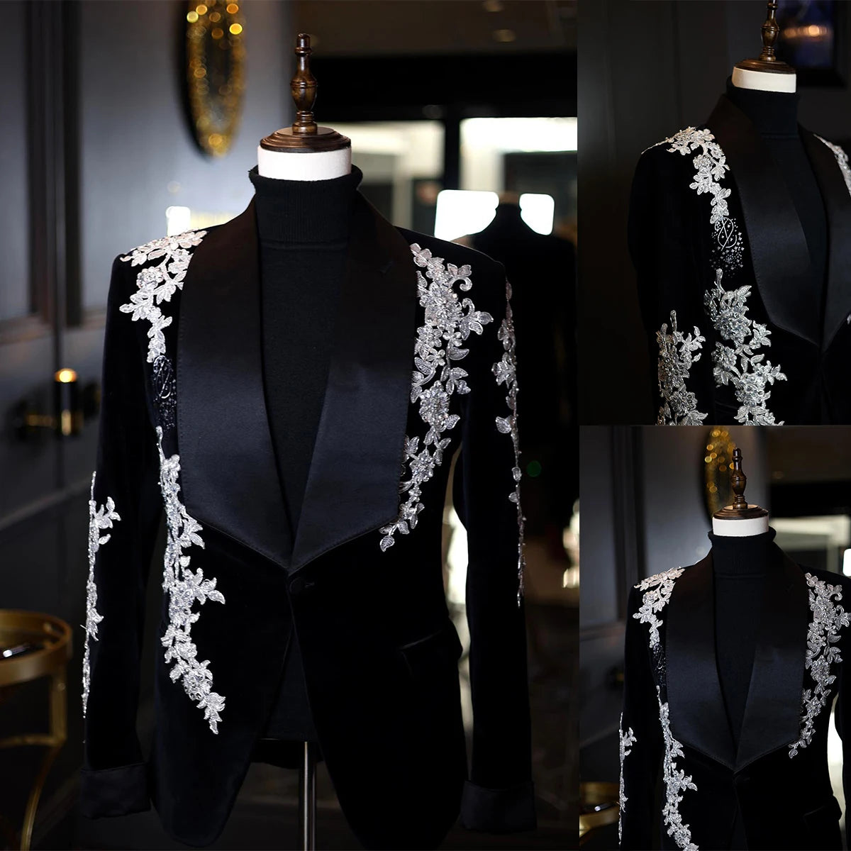 Trajes de hombre a medida, de una pieza, de terciopelo, blazer, un botón, solapa ancha de satén, apliques de cuentas, para boda, formal, hecho a medida, talla grande 
