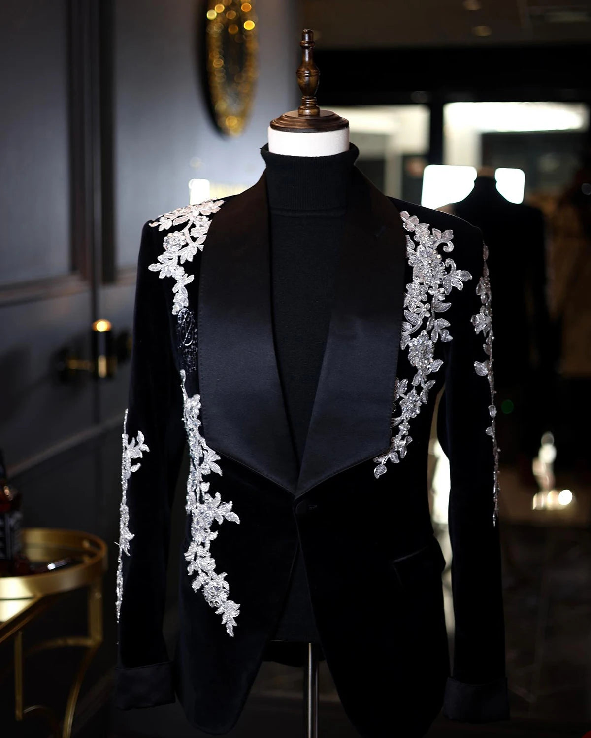 Trajes de hombre a medida, de una pieza, de terciopelo, blazer, un botón, solapa ancha de satén, apliques de cuentas, para boda, formal, hecho a medida, talla grande 