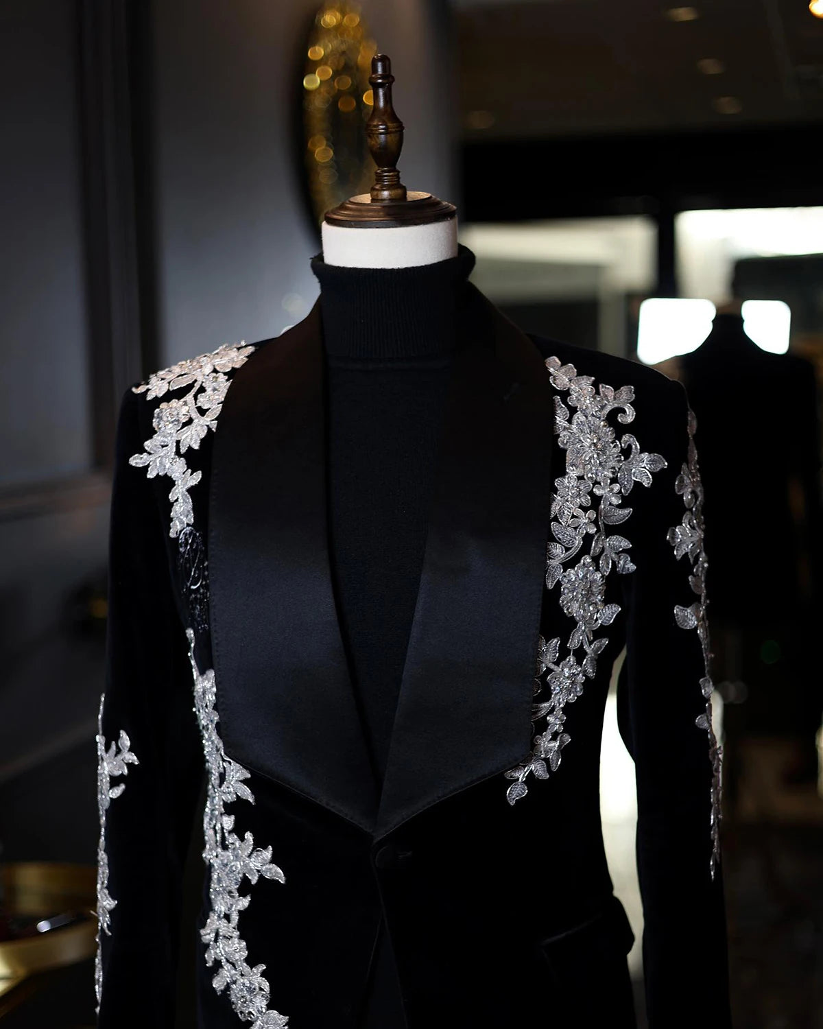 Trajes de hombre a medida, de una pieza, de terciopelo, blazer, un botón, solapa ancha de satén, apliques de cuentas, para boda, formal, hecho a medida, talla grande 