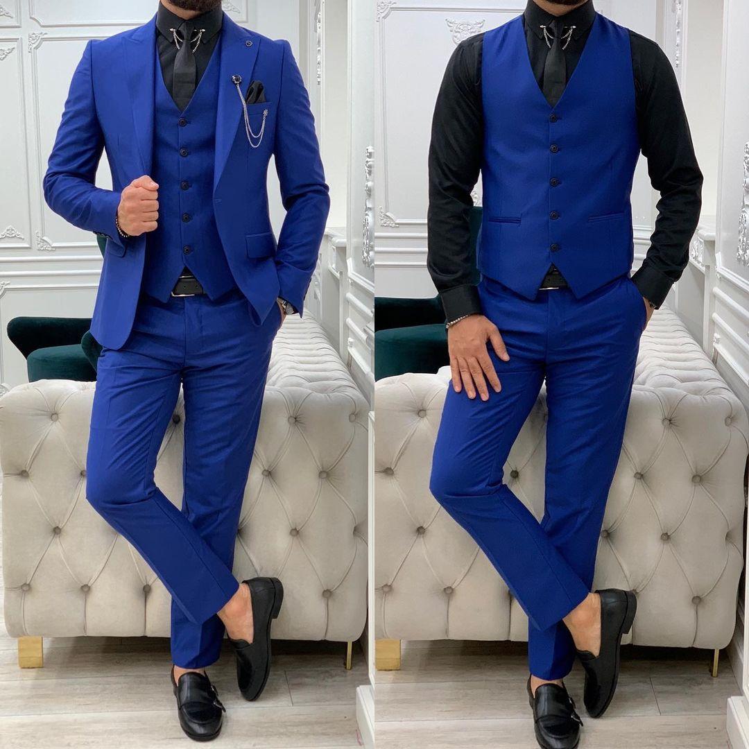 Men‘s Suits Tuxedos 3Pcs Winter Peaked Lapel Groom Party Wear Blazer Trousers Business Coat Jacket+Vest+Pants