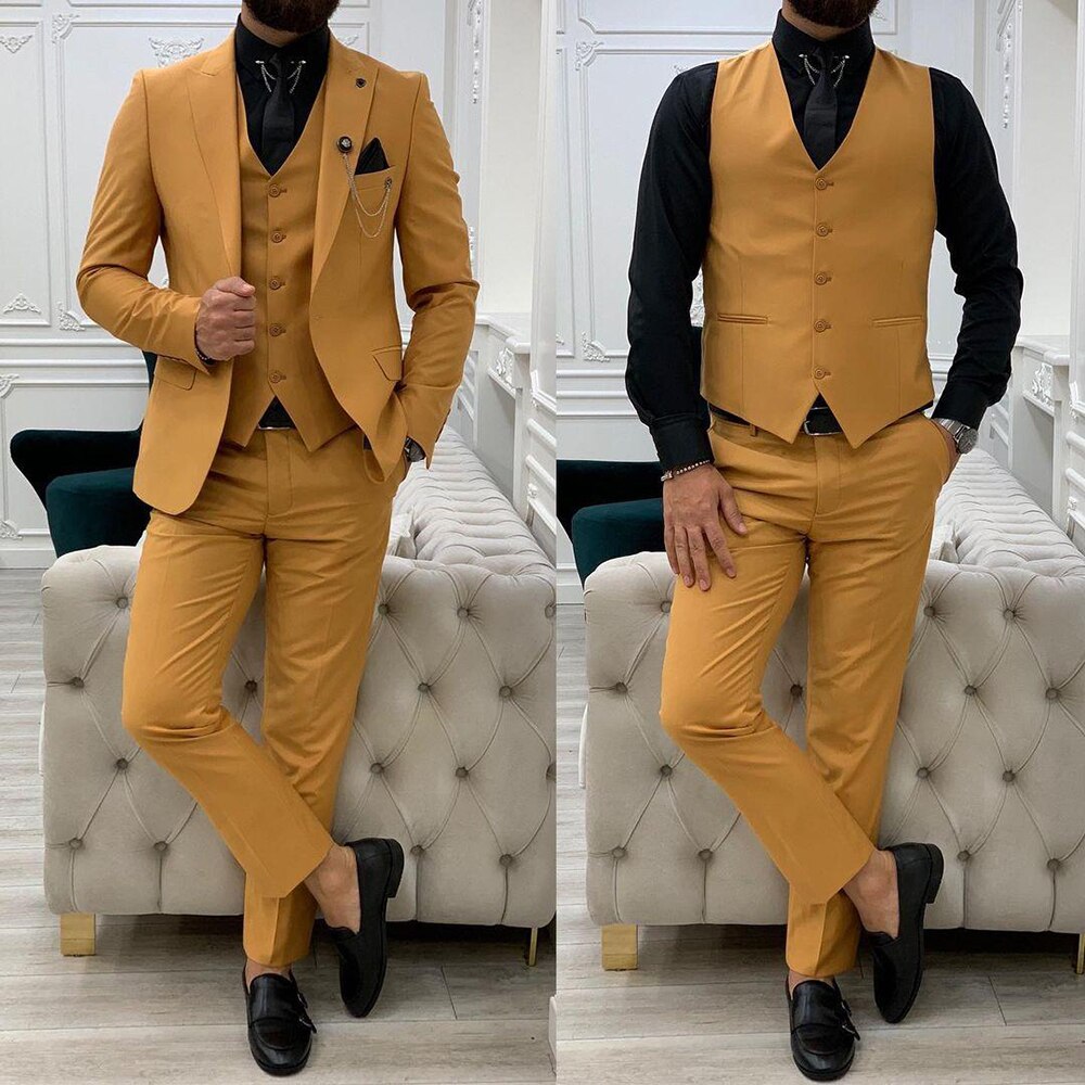 Men‘s Suits Tuxedos 3Pcs Winter Peaked Lapel Groom Party Wear Blazer Trousers Business Coat Jacket+Vest+Pants