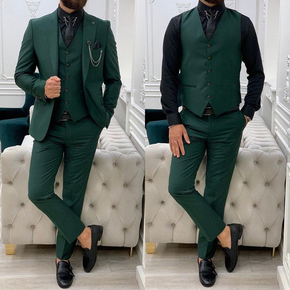 Men‘s Suits Tuxedos 3Pcs Winter Peaked Lapel Groom Party Wear Blazer Trousers Business Coat Jacket+Vest+Pants