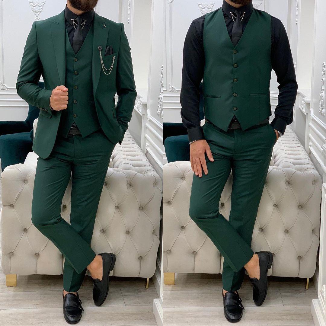 Men‘s Suits Tuxedos 3Pcs Winter Peaked Lapel Groom Party Wear Blazer Trousers Business Coat Jacket+Vest+Pants