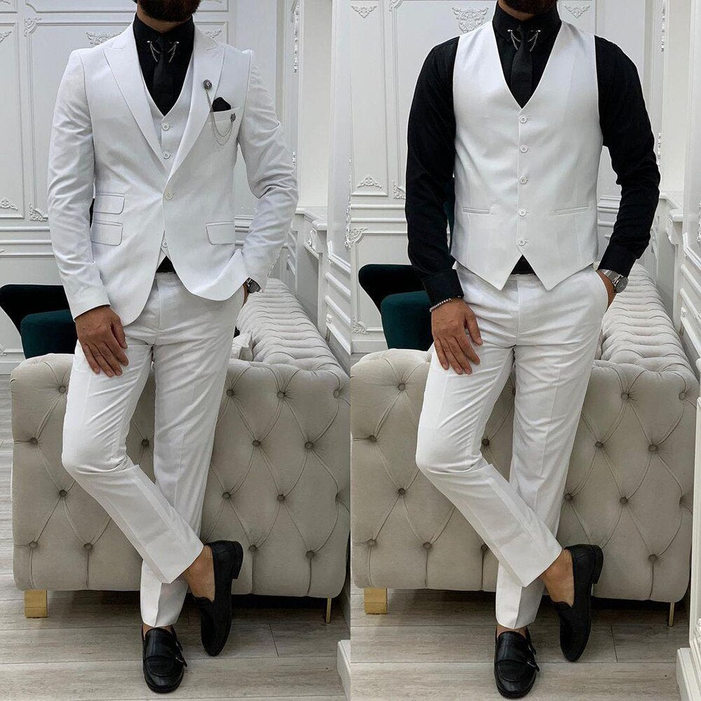 Men‘s Suits Tuxedos 3Pcs Winter Peaked Lapel Groom Party Wear Blazer Trousers Business Coat Jacket+Vest+Pants