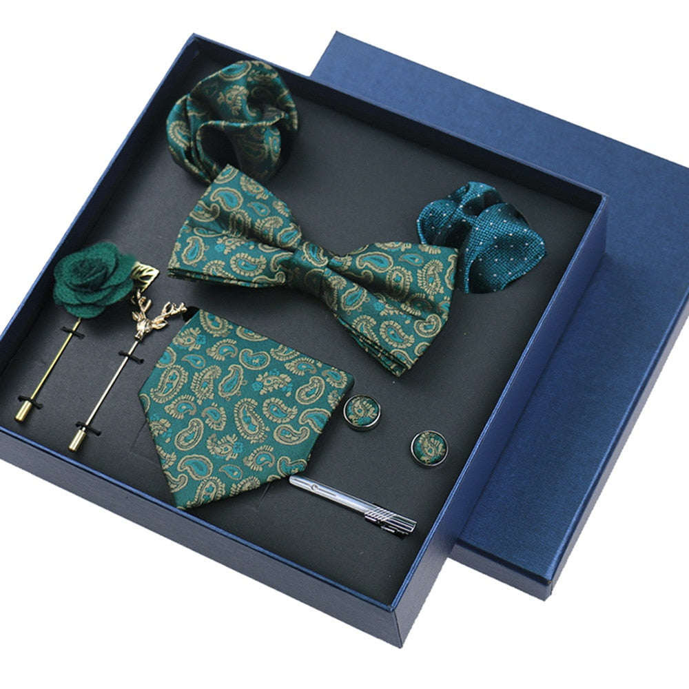 Men's Tie 8cm Necktie Set Formal Wedding Cravat Silk Bowtie Pocket Square Cufflinks Brooch Floral Box Set Gifts