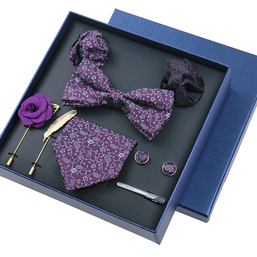 Men's Tie 8cm Necktie Set Formal Wedding Cravat Silk Bowtie Pocket Square Cufflinks Brooch Floral Box Set Gifts