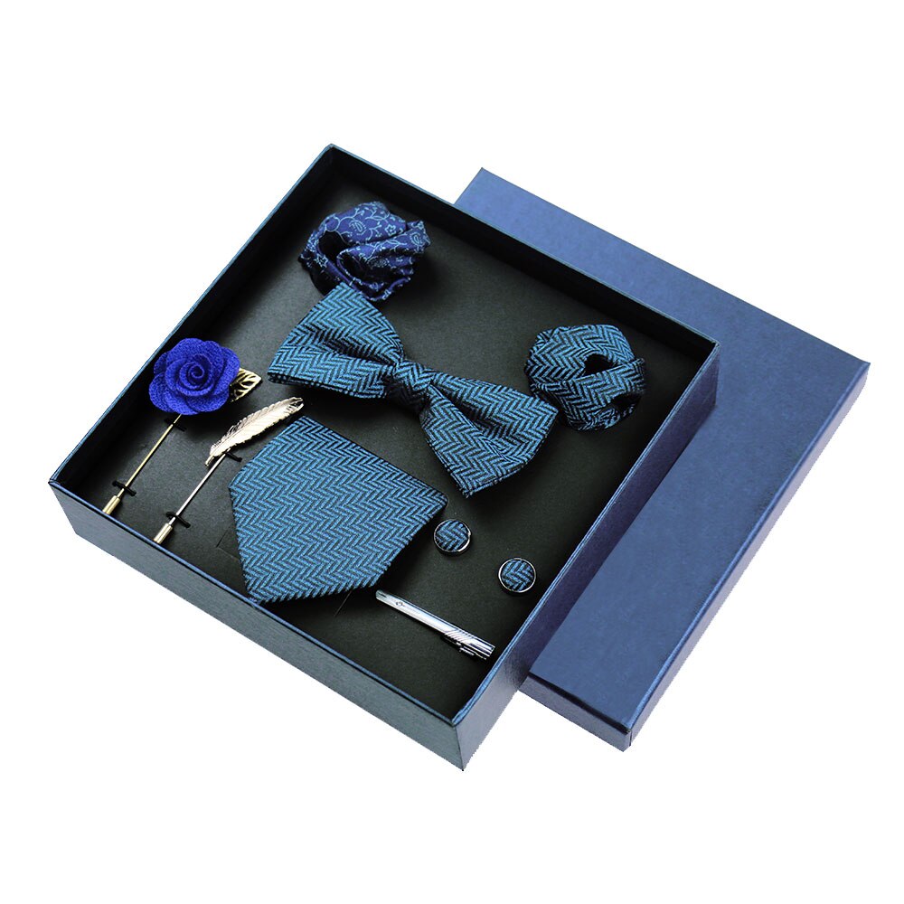 Men's Tie 8cm Necktie Set Formal Wedding Cravat Silk Bowtie Pocket Square Cufflinks Brooch Floral Box Set Gifts