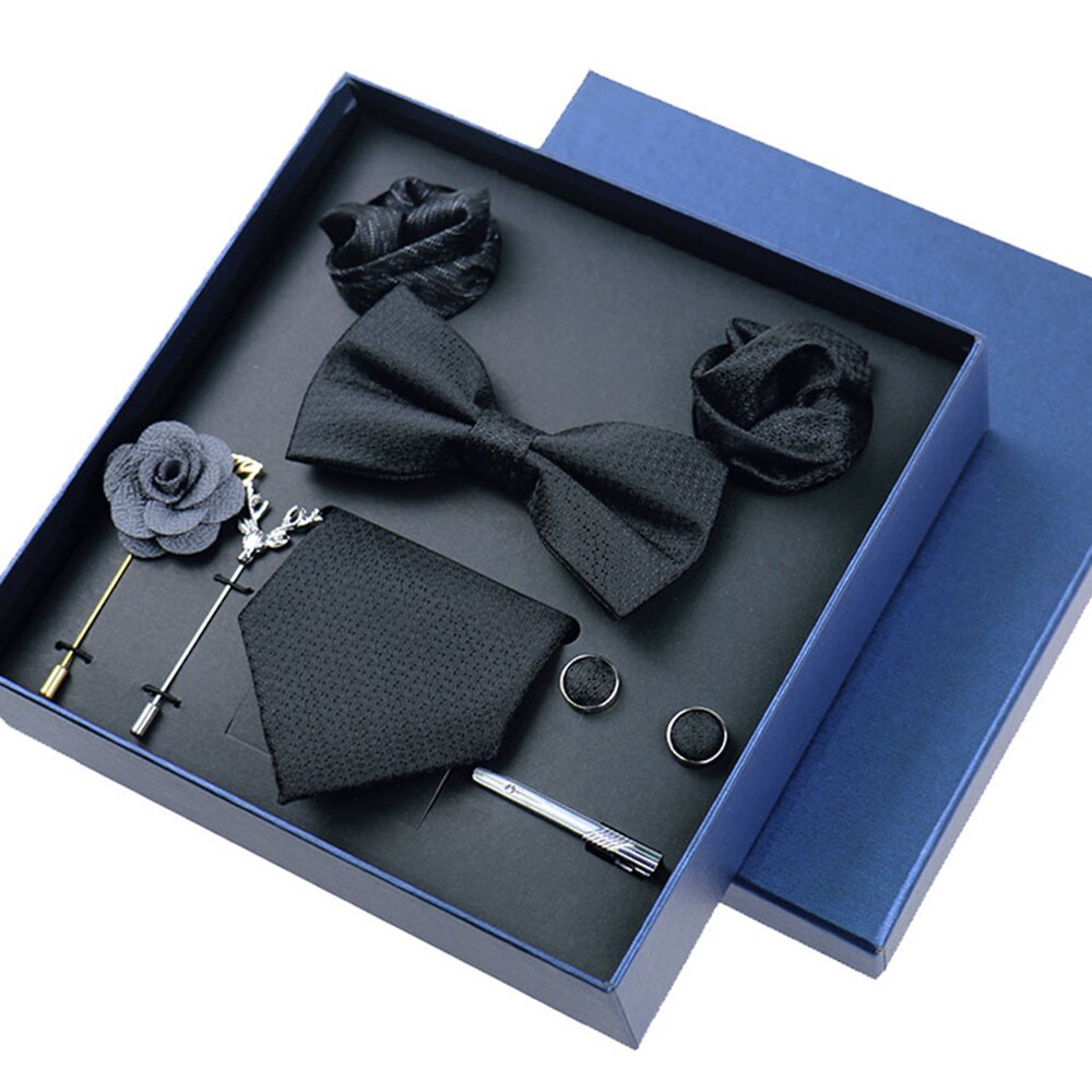 Men's Tie 8cm Necktie Set Formal Wedding Cravat Silk Bowtie Pocket Square Cufflinks Brooch Floral Box Set Gifts