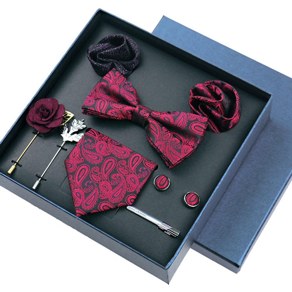 Men's Tie 8cm Necktie Set Formal Wedding Cravat Silk Bowtie Pocket Square Cufflinks Brooch Floral Box Set Gifts