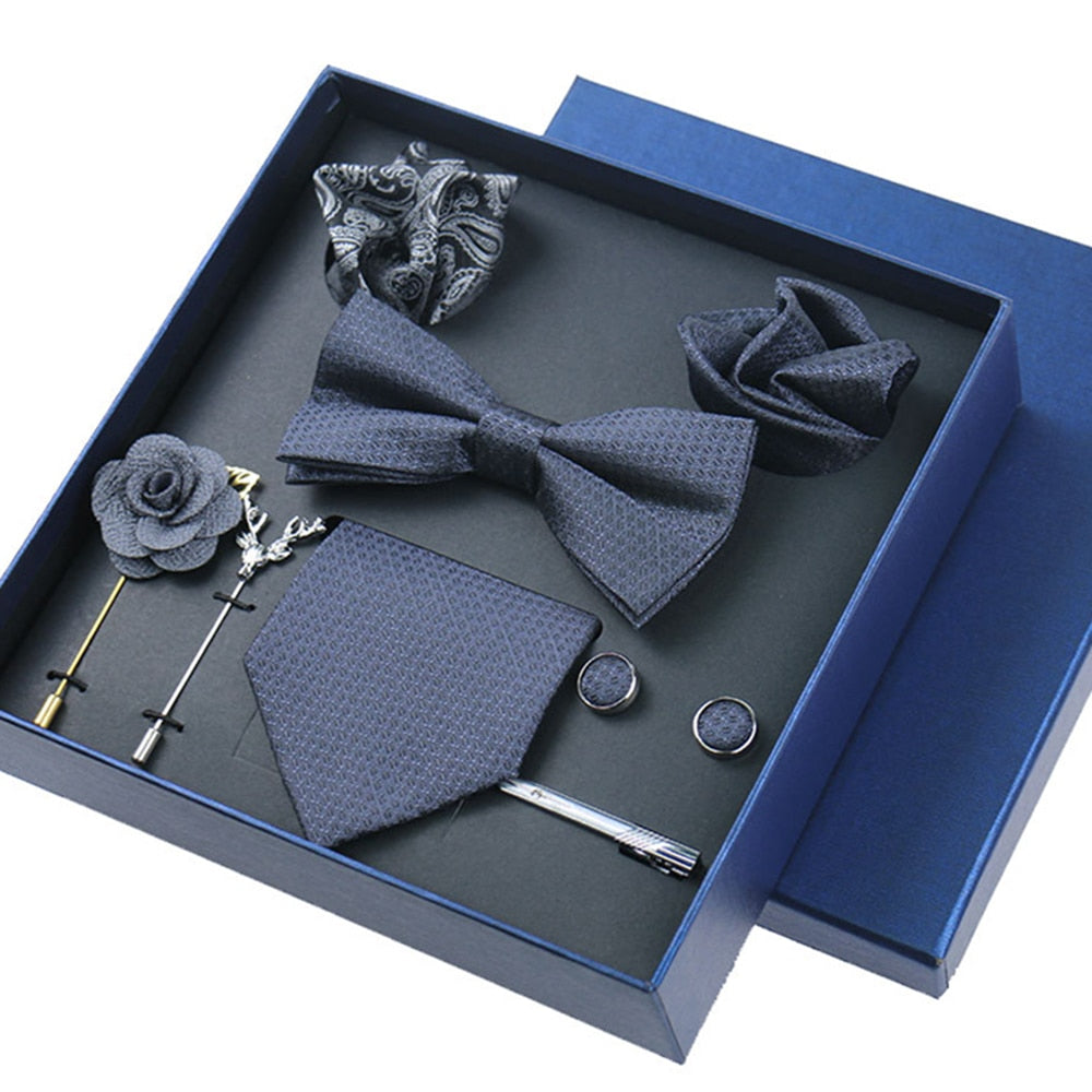 Men's Tie 8cm Necktie Set Formal Wedding Cravat Silk Bowtie Pocket Square Cufflinks Brooch Floral Box Set Gifts