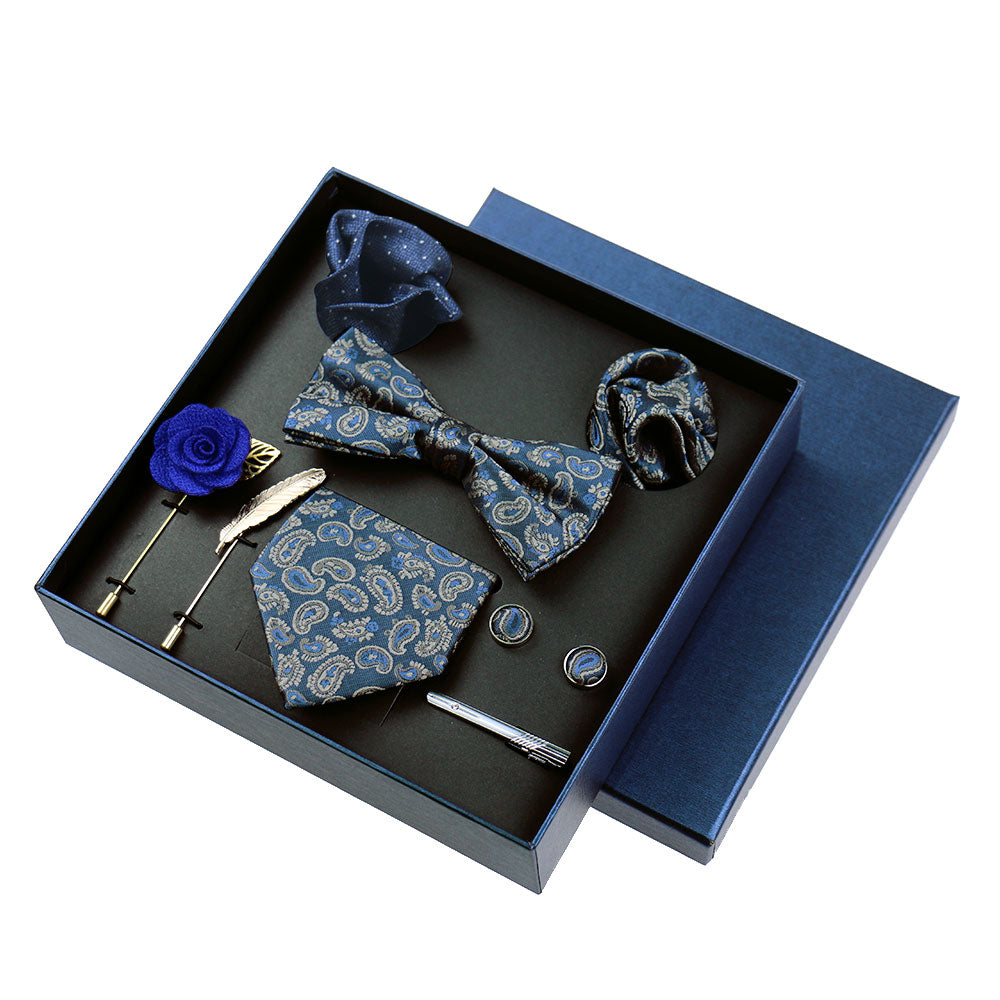 Men's Tie 8cm Necktie Set Formal Wedding Cravat Silk Bowtie Pocket Square Cufflinks Brooch Floral Box Set Gifts
