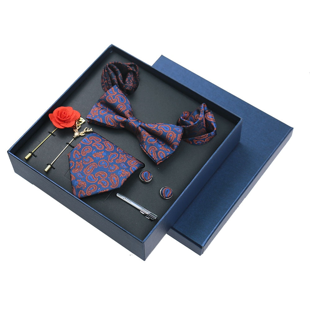 Men's Tie 8cm Necktie Set Formal Wedding Cravat Silk Bowtie Pocket Square Cufflinks Brooch Floral Box Set Gifts