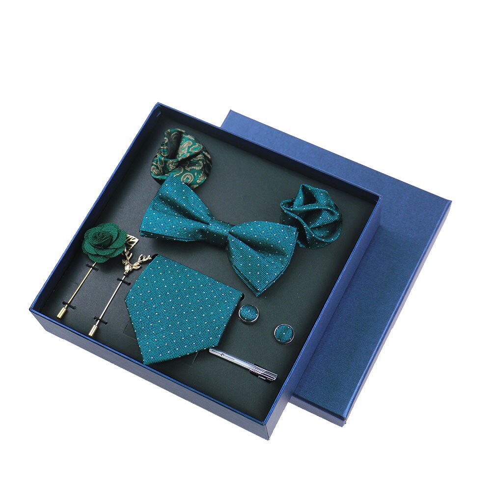 Men's Tie 8cm Necktie Set Formal Wedding Cravat Silk Bowtie Pocket Square Cufflinks Brooch Floral Box Set Gifts