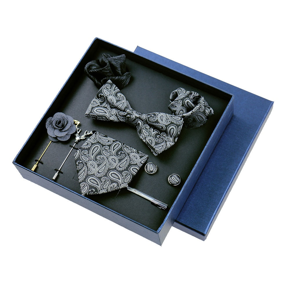 Men's Tie 8cm Necktie Set Formal Wedding Cravat Silk Bowtie Pocket Square Cufflinks Brooch Floral Box Set Gifts