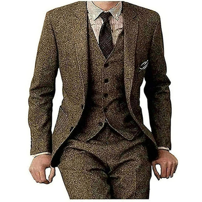 Men's Tweed Herringbone Slim Fit Brown Tan Tuxedos Vintage Blazer Jacket Vest Pants Groom Wedding Vintage 3 Piece Slim Fit Suit