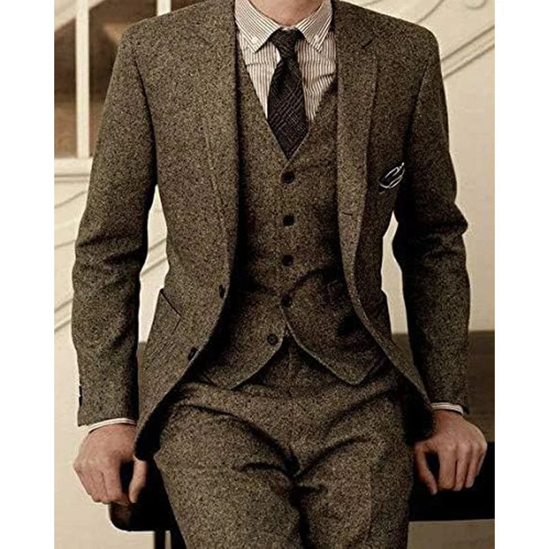 Men's Tweed Herringbone Slim Fit Brown Tan Tuxedos Vintage Blazer Jacket Vest Pants Groom Wedding Vintage 3 Piece Slim Fit Suit