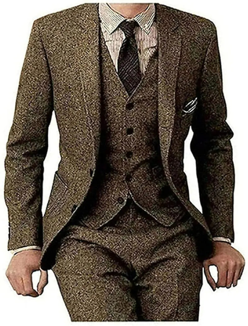 Men's Tweed Herringbone Slim Fit Brown Tan Tuxedos Vintage Blazer Jacket Vest Pants Groom Wedding Vintage 3 Piece Slim Fit Suit