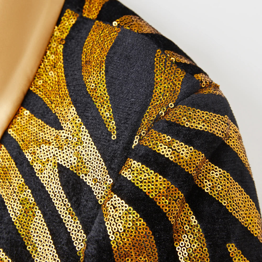 Men's Yellow Striped Trendy Sequins Men's Singer Stage Performance Host Dress Suit Coat Jacket Tuxedo Gentlemen Wedding Groom