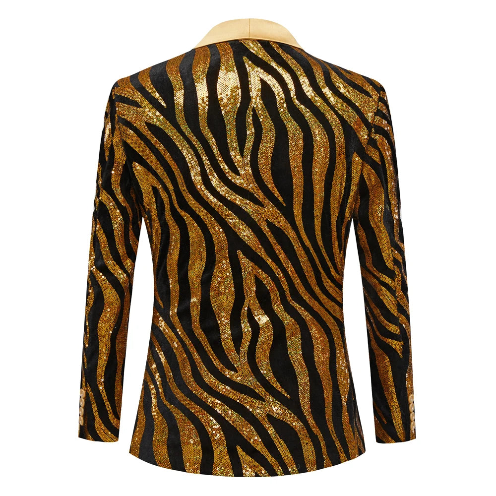 Men's Yellow Striped Trendy Sequins Men's Singer Stage Performance Host Dress Suit Coat Jacket Tuxedo Gentlemen Wedding Groom