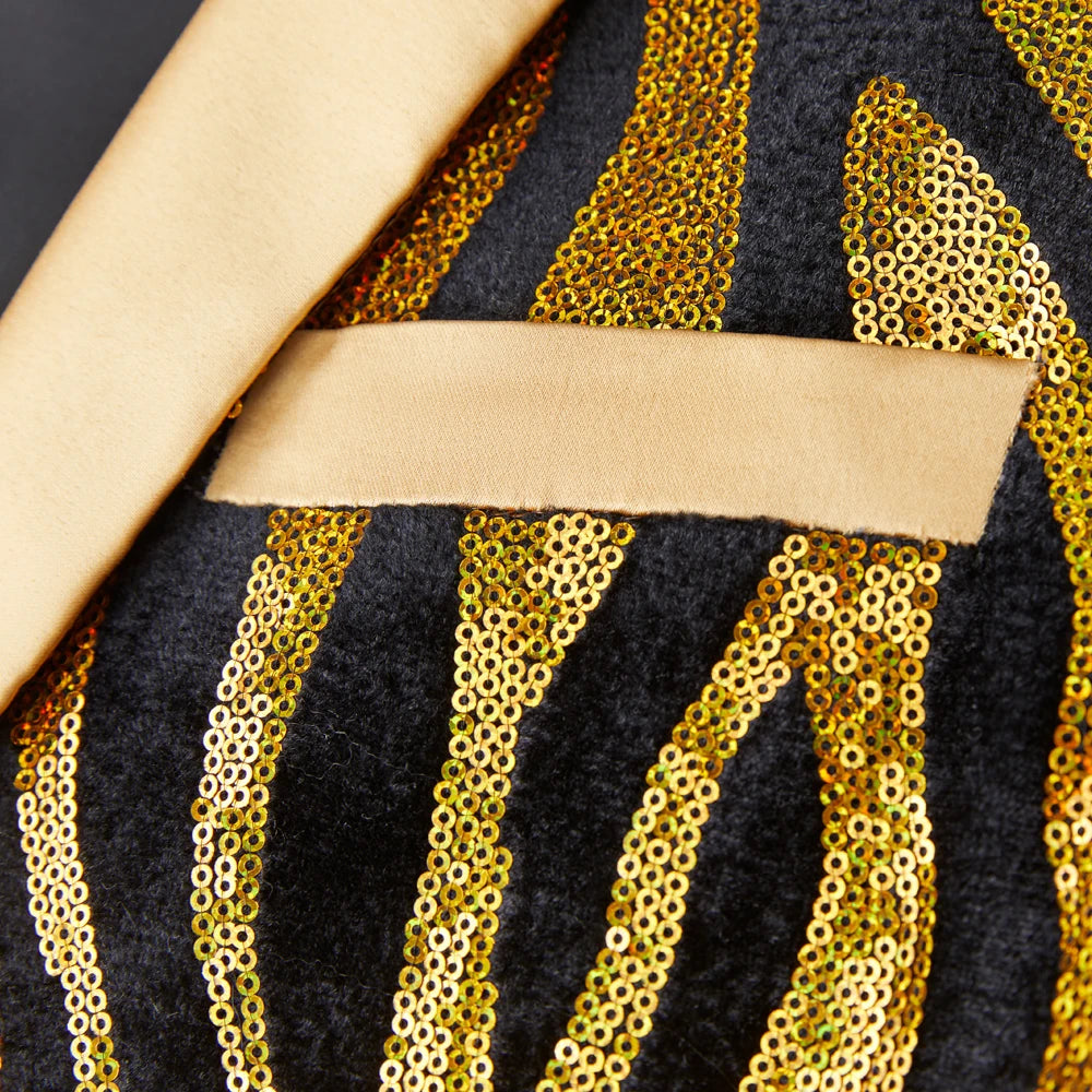Men's Yellow Striped Trendy Sequins Men's Singer Stage Performance Host Dress Suit Coat Jacket Tuxedo Gentlemen Wedding Groom