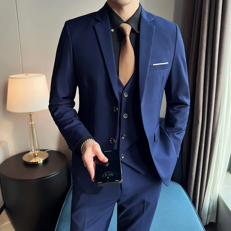 Traje para hombre (traje + chaleco + pantalón), nueva tendencia, corte entallado, informal, de negocios, color liso, estilo británico, para fiesta y boda, conjunto de tres piezas.