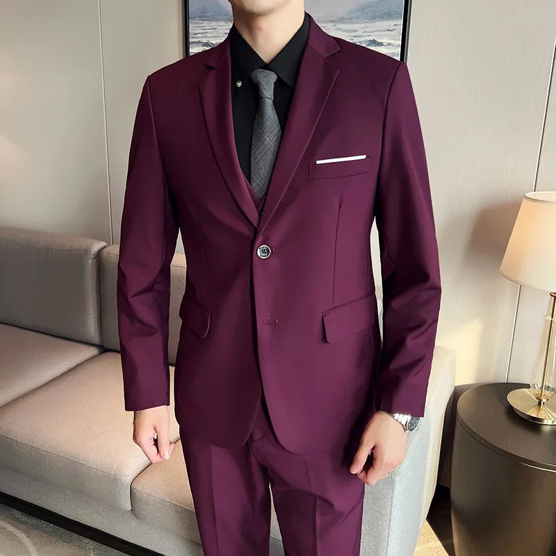 Traje para hombre (traje + chaleco + pantalón), nueva tendencia, corte entallado, informal, de negocios, color liso, estilo británico, para fiesta y boda, conjunto de tres piezas.