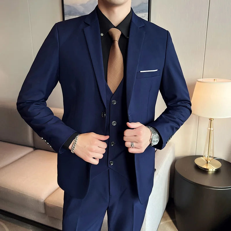 Traje para hombre (traje + chaleco + pantalón), nueva tendencia, corte entallado, informal, de negocios, color liso, estilo británico, para fiesta y boda, conjunto de tres piezas.