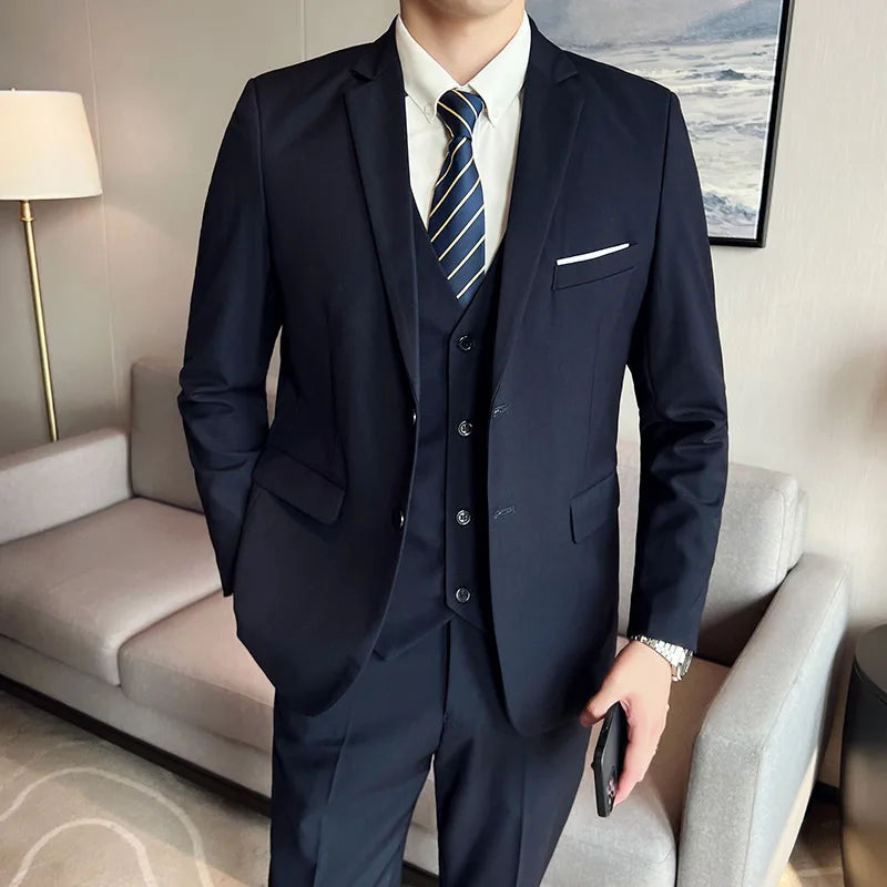 Traje para hombre (traje + chaleco + pantalón), nueva tendencia, corte entallado, informal, de negocios, color liso, estilo británico, para fiesta y boda, conjunto de tres piezas.