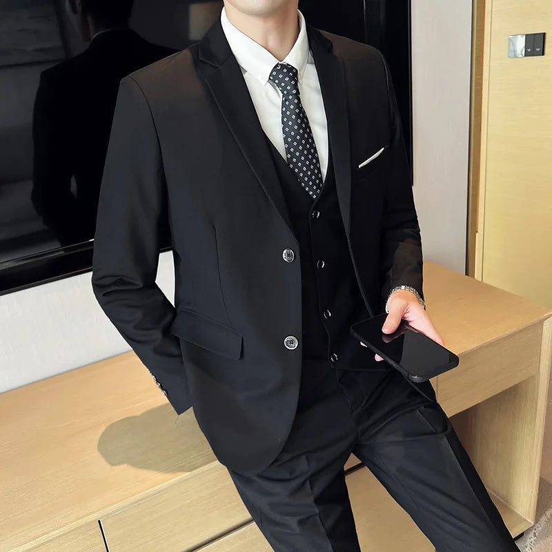 Traje para hombre (traje + chaleco + pantalón), nueva tendencia, corte entallado, informal, de negocios, color liso, estilo británico, para fiesta y boda, conjunto de tres piezas.