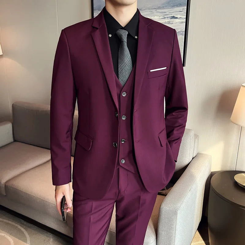 Traje para hombre (traje + chaleco + pantalón), nueva tendencia, corte entallado, informal, de negocios, color liso, estilo británico, para fiesta y boda, conjunto de tres piezas.