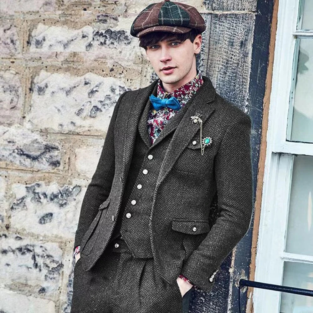 Costume 3 pièces pour homme, gris foncé, en laine, motif à chevrons, en tweed, pour mariage (blazer, pantalon, gilet)