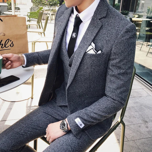 Mens Business Suits Formal Tuxedo Social Suits Mens  Slim Fit Gray Retro Plaid Suits Mens