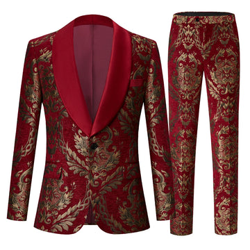 Men Claret Red Suits Groom Wedding Tuxed  Business Prom Dress Tuxedo Floral Blazer Slim Fit Groomsmen Party  Costume Homme