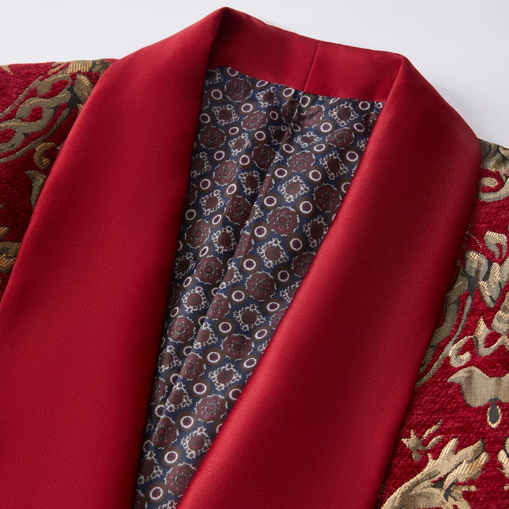 Men Claret Red Suits Groom Wedding Tuxed  Business Prom Dress Tuxedo Floral Blazer Slim Fit Groomsmen Party  Costume Homme