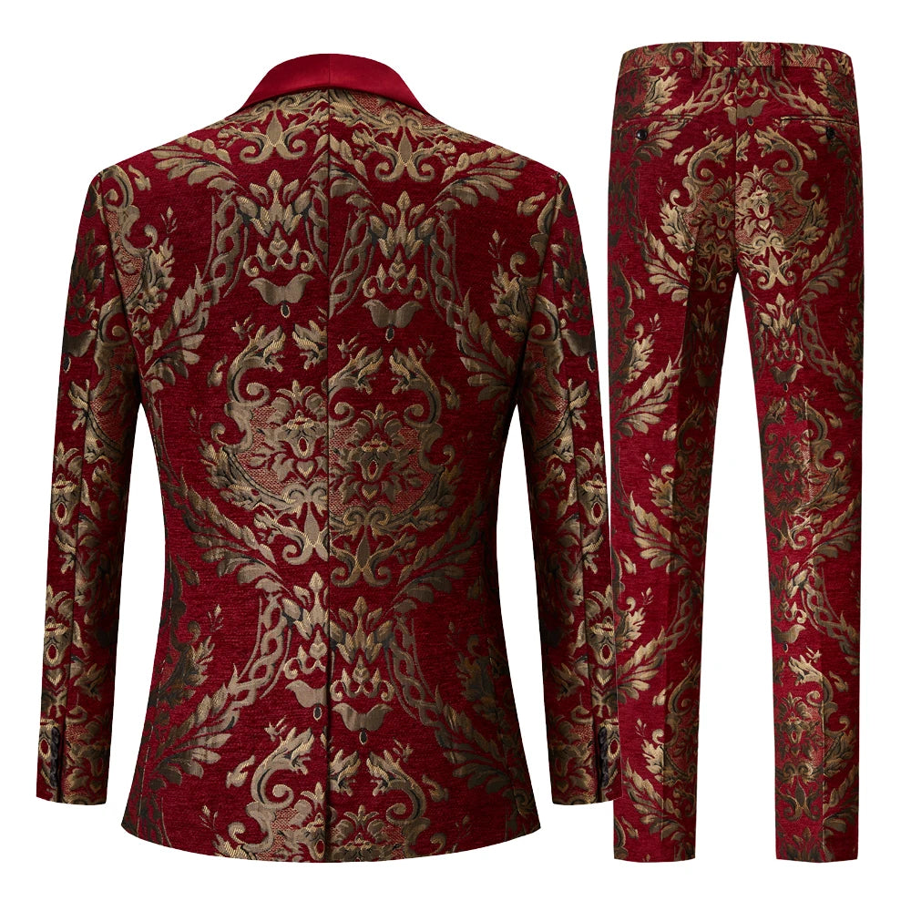 Men Claret Red Suits Groom Wedding Tuxed  Business Prom Dress Tuxedo Floral Blazer Slim Fit Groomsmen Party  Costume Homme
