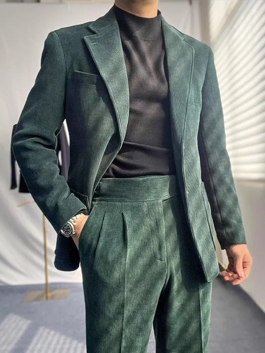 Conjuntos de trajes de pana para hombre, estilo vintage, corte entallado, color liso, para negocios, oficina, informal, blazer y pantalones, conjunto de dos piezas